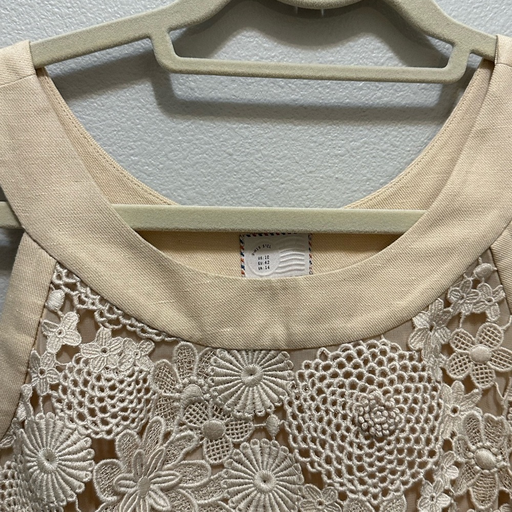 Anthropologie Postage Stamp Oleander crochet Linen Sheath Dress Size 10 Cream - Picture 6 of 14